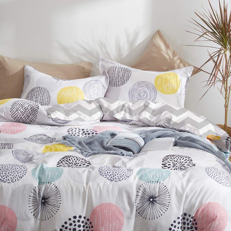Uozzi Bedding 3 Piece Duvet Cover Set Queen (1 All Season Design Summer Duvet Cover + 2 Pillow Shams) with Colorful Dots, 800 - TC Comforter Cover with Zipper Closure, 4 Corner Ties - Pink Gray Yellow Circles - Image 3
